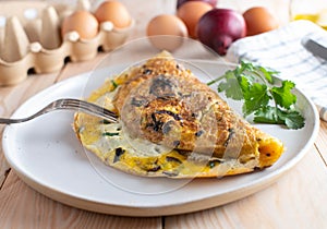 Omelette with roasted red onions, chives and cheese photo