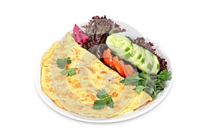 Omelette with tomatoes, parsley and cheese on isolated white background