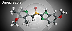 Omeprazole, C17H19N3O3S molecule. It is used to treat gastric acid-related disorders, peptic ulcer disease, gastroesophageal