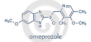 Omeprazole dyspepsia and peptic ulcer disease drug proton pump inhibitor molecule. Skeletal formula.