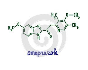 Omeprozole hand drawn vector formula chemical structure lettering blue green