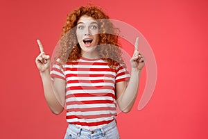 Omg fascinating store check it out. Impressed excited good-looking redhead curly emotive girl drop jaw astonished happy