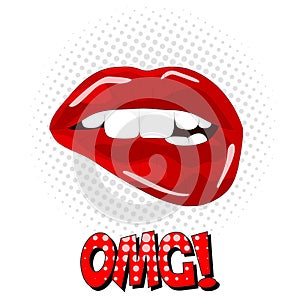 OMG Lettering! Sweet pop art Pair of Glossy Vector Lips. Open wet red lips with teeth pop art