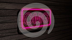 OMG pink color neon fluorescent tubes signs on wooden wall. 3D render, illustration, poster, banner. Inscription, concept on gray