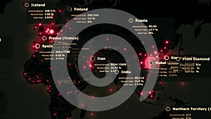 Omicron covid Global coronavirus COVID-19 pandemic map with red pinpoints of infected cities with health statistics data