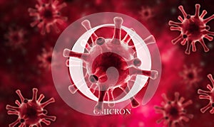 Omicron COVID-19 variant poster, 3d illustration. Microscopic view of coronavirus germs