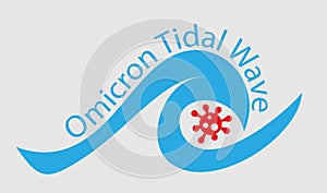Omicron Tidal Wave COVID-19 Variant of Concern - Illustration with red virus logo on a light background