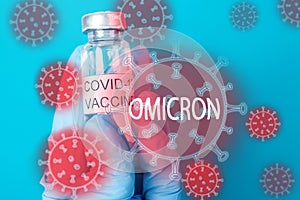 Omicron vaccine,vaccination against a new variant of the coronavirus strain,vial with an injection from covid 19 in the hands of a photo