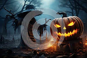 Ominous focal point Halloween wallpaper captivates with a malevolent and eerie evil pumpkin