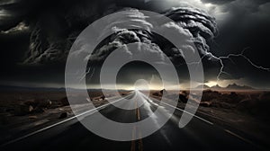 Ominous sky and serene landscape with dark clouds gathering, signaling approaching tornado photo