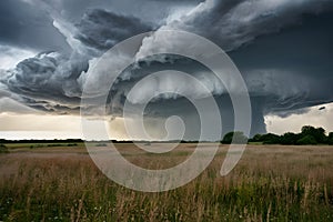 Ominous storm cloud brings danger over rural meadow