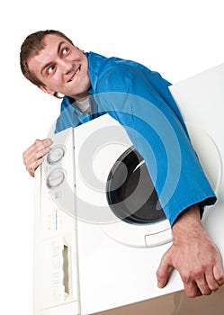 Ominous thief holding stolen washing machine photo