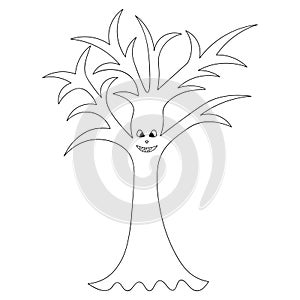 Ominous tree. Sketch. An eerie grimace. Vector illustration. Outline on an isolated white background.