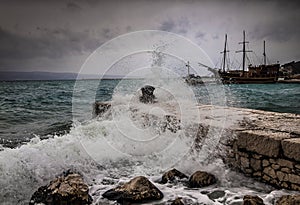 Omis harbor at sea storm