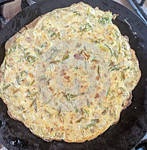 Omlette cooking on a pan