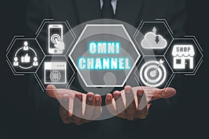 Person hand holding omni channel icon on virtual screen