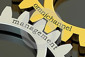 Omnichannel management concept on the gearwheels, 3D rendering