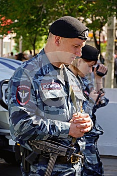 OMON soldier on city street. Rostov-on-Don, Russia. May 9, 2013
