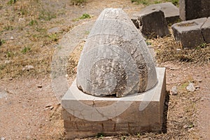 The omphalos `navel` of the world at Delphi , Greece