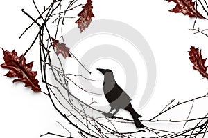 Ð¡omposition of branches, red leavese and carved raven on white background.