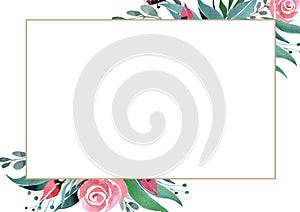 Ð¡omposition of flowers and buds of roses, twigs and green leaves on a white background with a rectangular frame.