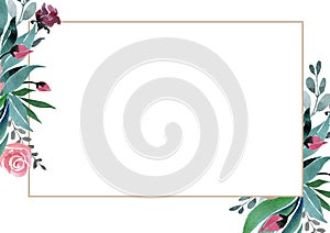 Ð¡omposition of flowers and buds of roses, twigs and green leaves on a white background with a rectangular frame. Cards, business