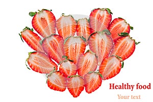 Ð¡omposition of heart-shaped of strawberry slices. Isolated. Strawberry pattern. Food background. Valentine's Day. Macro.