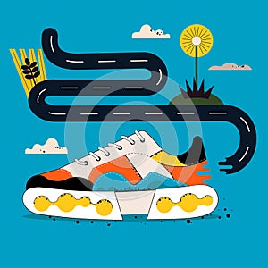 Ð¡omposition of stylish sneakers in ugly-shoes style in orange, yellow, white tones on a blue background