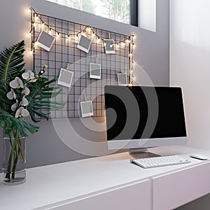 omputer display for mockup on table, interior, Scandinavian style, 3D rendering