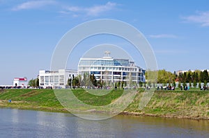 Omsk, Russia - May 09, 2012: Irtysh river promenade, view buildings of sports swimming school and pool