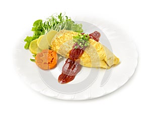 Omurice inside fried rice with egg in tomato sauce
