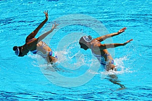 Ona Carbonell and Gemma Mengual of Spain compete during the synchronized swimming duet technical routine preliminary round