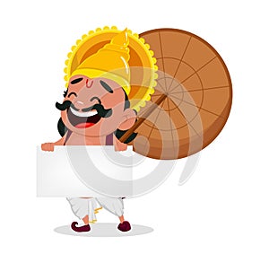 Onam celebration. King Mahabali holding blank placard, cheerful cartoon character.