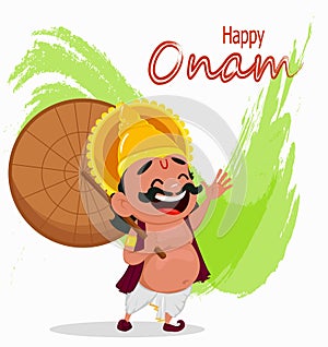 Onam celebration. King Mahabali holding umbrella, cheerful cartoon character.