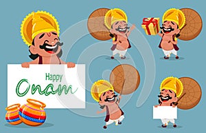 Onam celebration. King Mahabali holding umbrella, set of five poses.