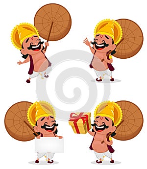 Onam celebration. King Mahabali holding umbrella, set of four poses.