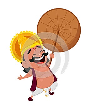 Onam celebration. Laughing King Mahabali holding umbrella, cheerful cartoon character.