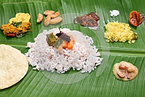 Onam Sadhya with brown matta rice form Kerala India