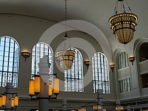 Onate chandeliers hanging during daytime in transportation terminal