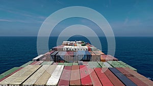 Onboard of huge container ship during underway, navigation bridge view