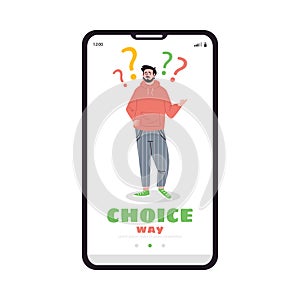 Onboarding page with doubting man with question marks, flat vector illustration.