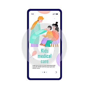 Onboarding page for pediatry kids medical care flat cartoon vector illustration.