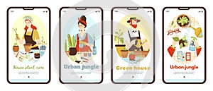 Onboarding pages kit on urban jungle and green house, flat vector illustration.