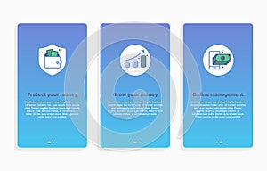 Onboarding payment app screens Modern and simplified vector illustration walkthrough screens. UI template for mobile apps, smart p