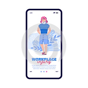 Onboarding screen on workplace injury theme with woman flat vector illustration.