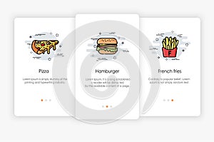 Onboarding screens design in fast food concept. Modern and simplified vector illustration