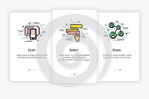 Onboarding screens design in how to use app concept. Scan Select and Share icon.