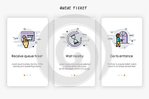 Onboarding screens design in receive queue ticket concept. How to receive queue