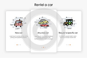 Onboarding screens design in rentel a car concept.