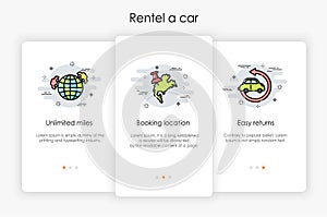 Onboarding screens design in rentel a car concept.